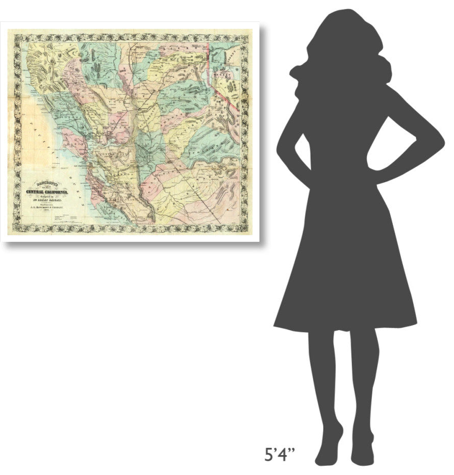 "New Map of Central California, 1871" Paper Print by A.L. Bancroft, 38"x32"