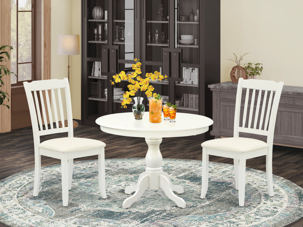 3 Pc Kitchen Set, Linen White Wood Table, 2 Linen White Chairs, Slatted Back