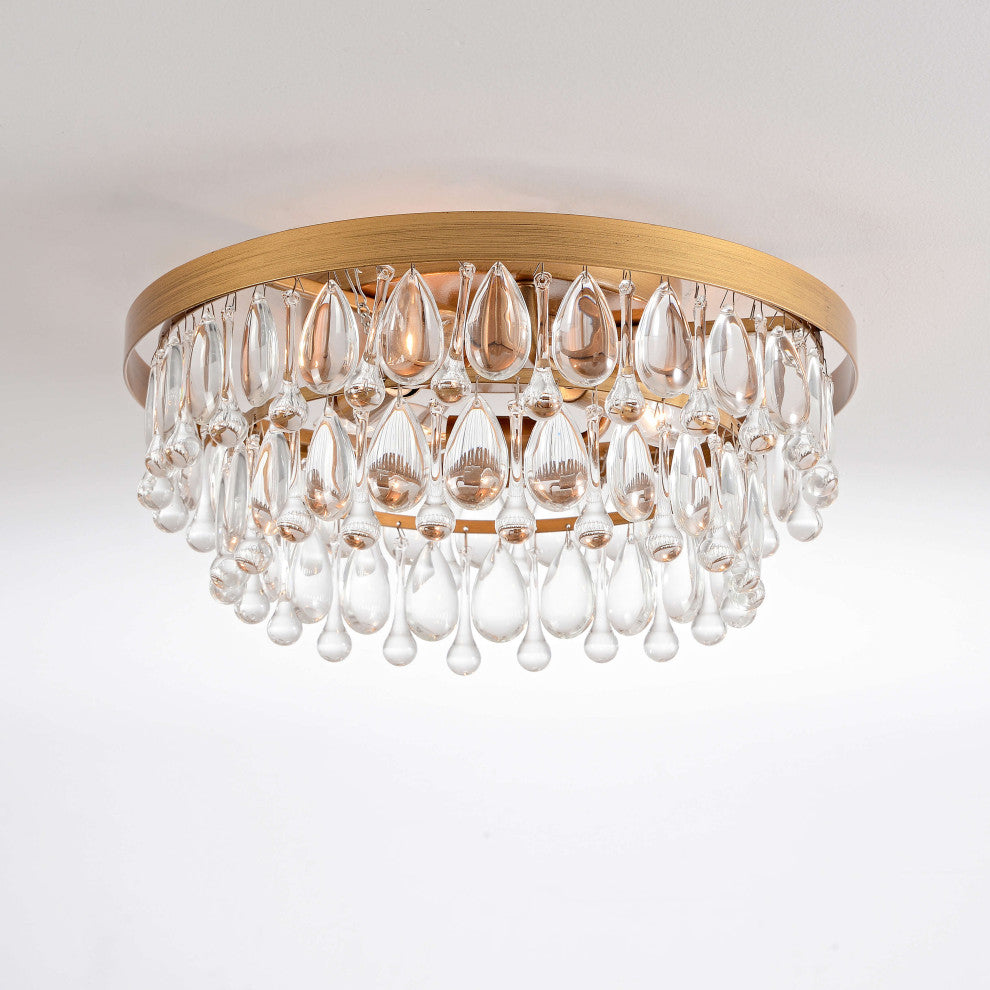 Bonnie Flush Mount With Crystal Glass Teardrops, Brushed Brass