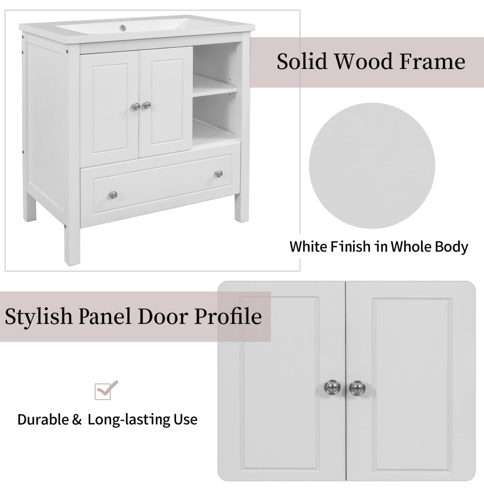 30" W x 18., D. x 32" H Bath Vanity, White Ceramic Top, White