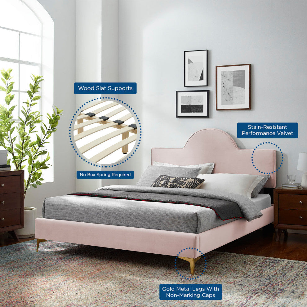 Platform Bed Frame, King Size, Pink, Velvet, Modern, Bedroom Master Guest Suite