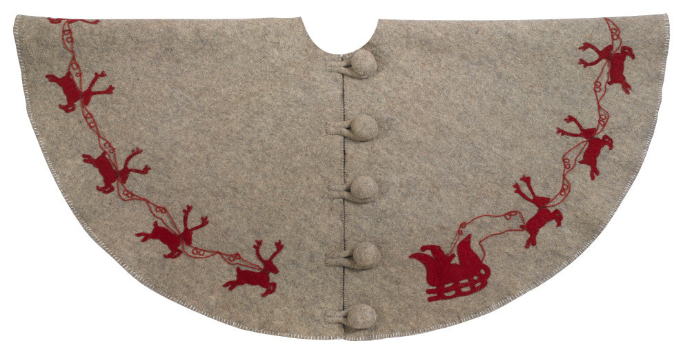 Reindeer Christmas Tree Skirt, Gray With Red Reindeer and Cream Whip Stitch, 72"