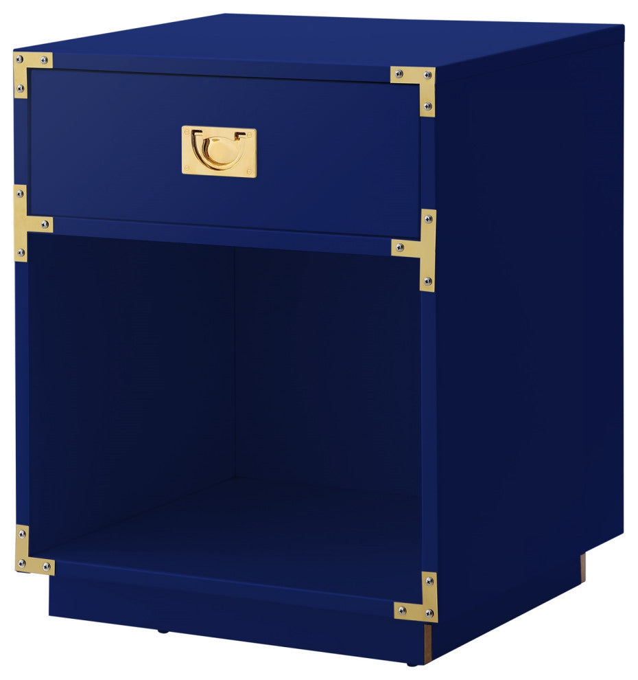 Leandro High Gloss Nightstand With Metal Corner Brackets, Dark Navy