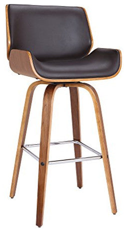 Armen Living Tyler 26" Counter Height Swivel Brown Faux Leather and Walnut Woo