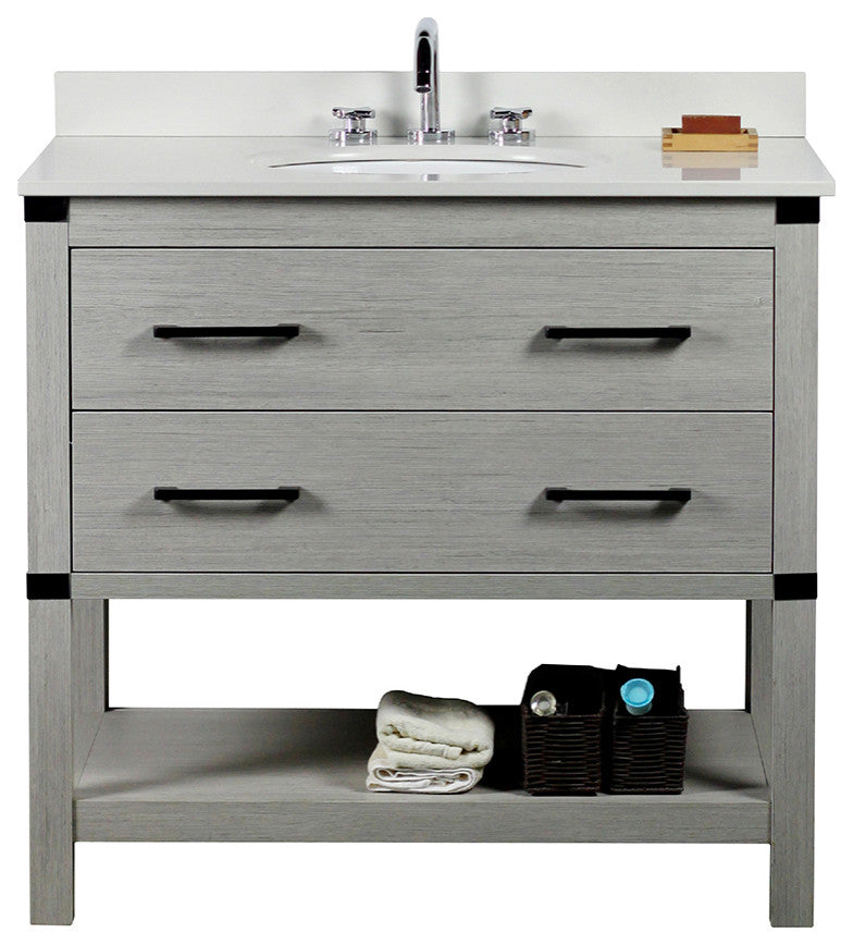 37" Single Vanity, Gray Pine Finish Top With Engineered Stone Top and Oval Sink