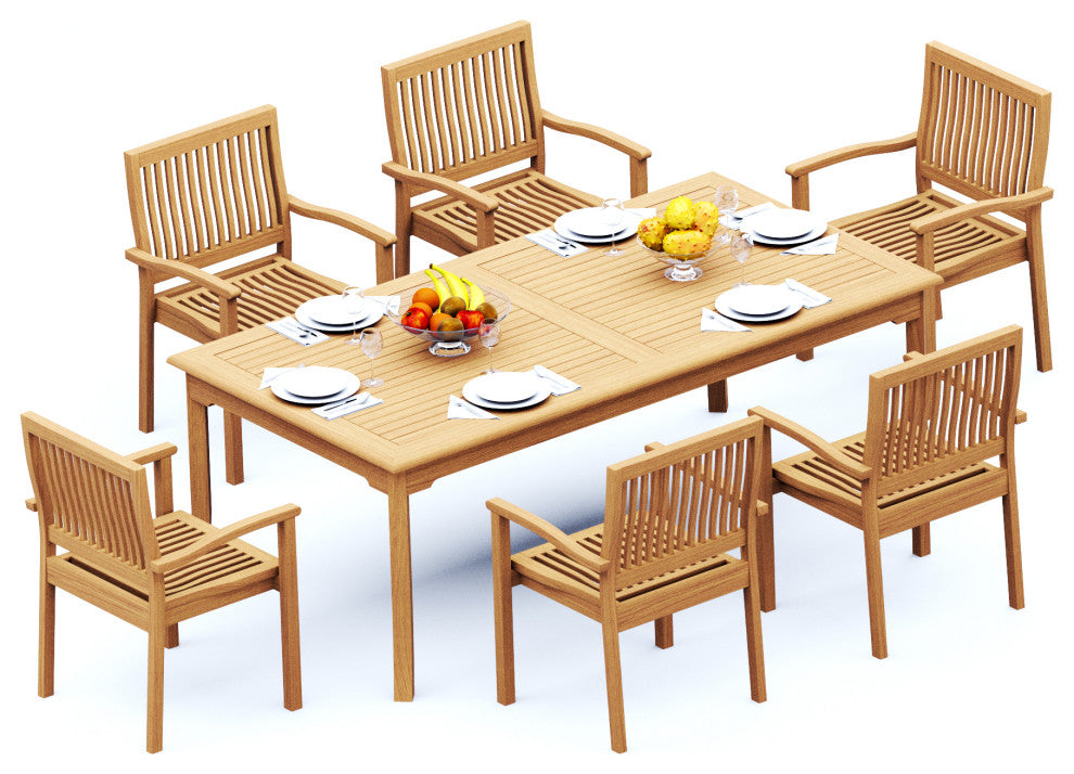 7-Piece Outdoor Teak Dining Set: 83" Rectangle Table, 6 Leveb Stacking Arm Chair