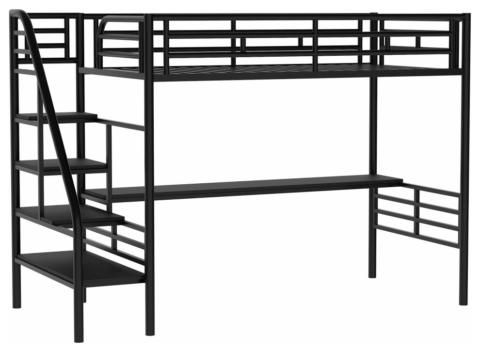 Gewnee Metal Loft Bed Frame with Desk, No Box Spring Needed,Twin,In Black