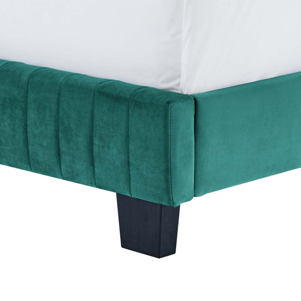 Tufted Platform Bed Frame, Full Size, Velvet, Teal Blue, Modern Contemporary