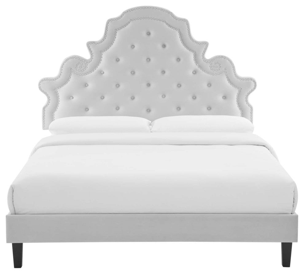 Tufted Platform Bed Frame, Twin Size, Velvet, Gray, Modern Contemporary