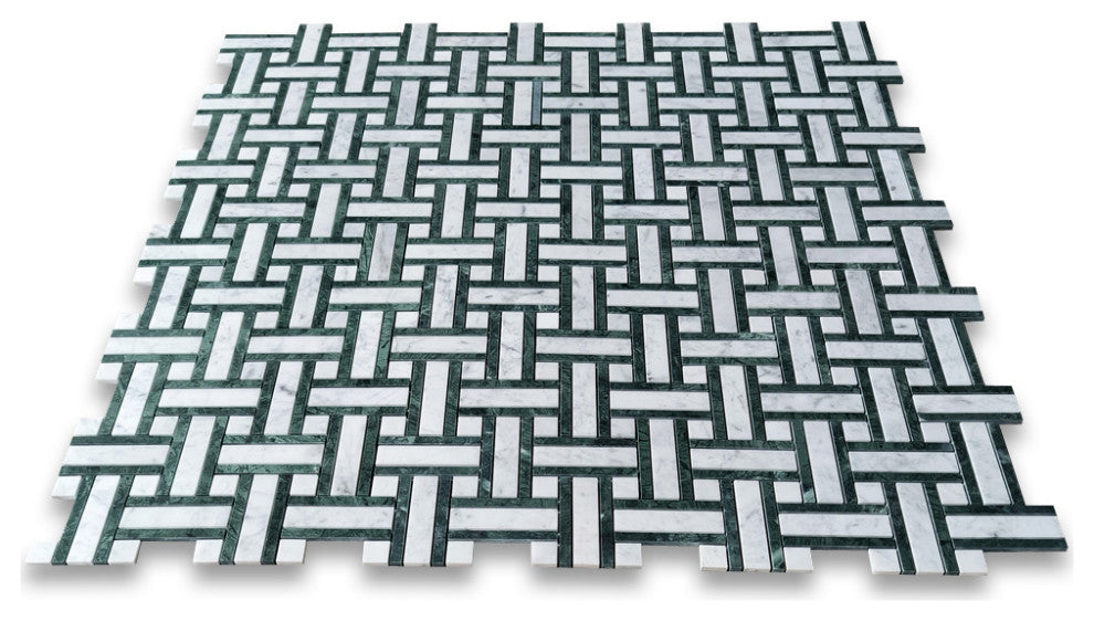 Carrara White Marble Twine Basketweave Mosaic Tile Indian Green Honed, 1 sheet