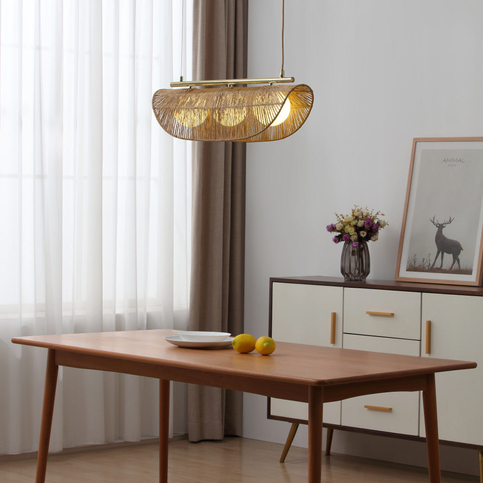 Sovev 3-Light Dimmable Linear Pendant Light With Frosted Glass Rattan Shade