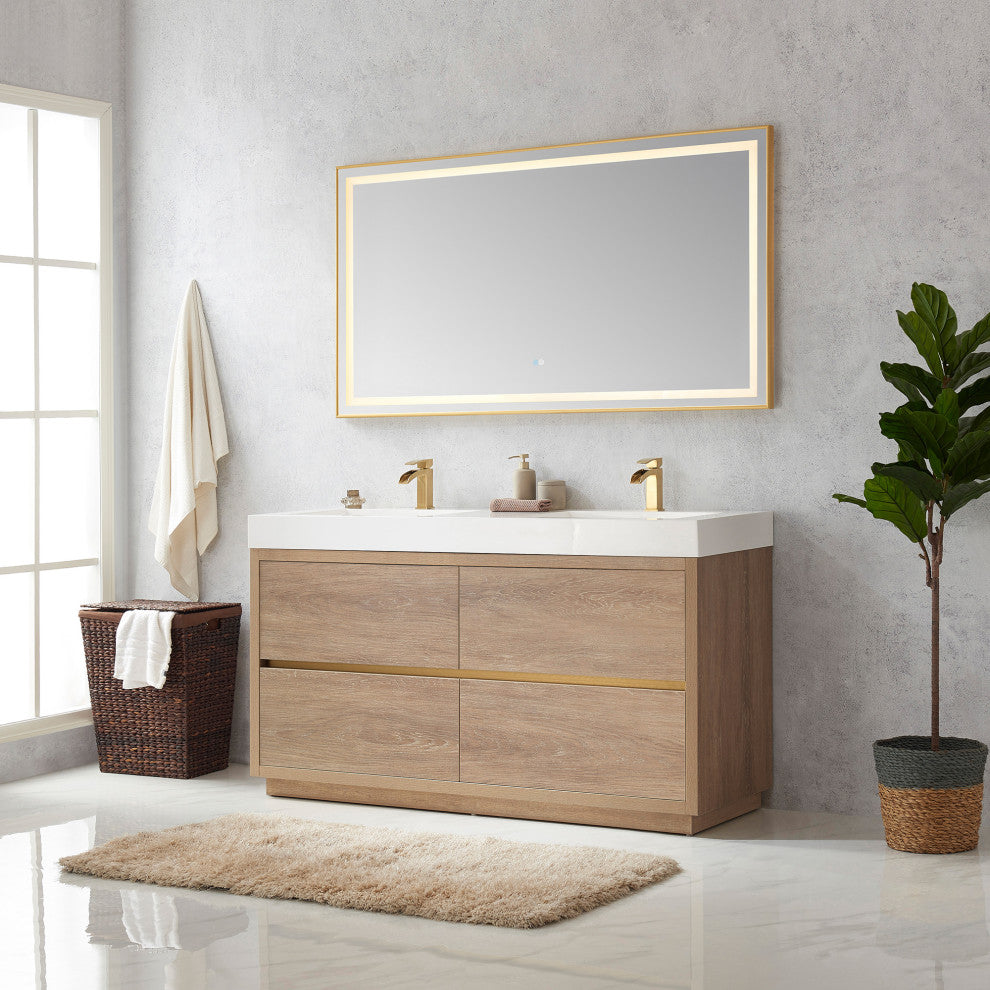Huesca Bath Vanity, Integrated Sink Top, North American Oak, 60" Double Sink, With Mirror