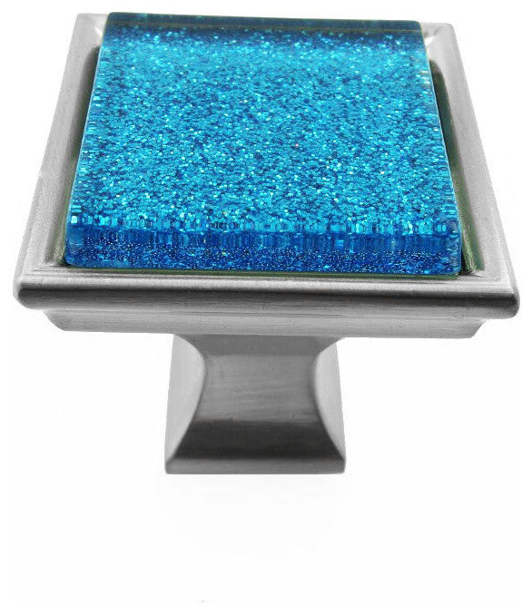 Sparkling Aquamarine Blue Sand Crystal Glass Brushed Nickel Madison Classic Knob