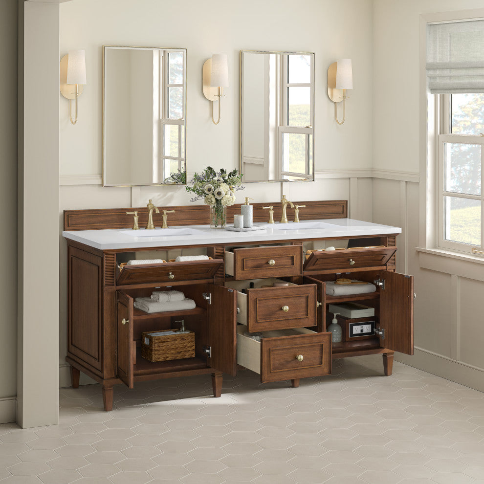 Lorelai 72"Double Vanity, Mid-Century Walnut, 3 CM White Zeus Top