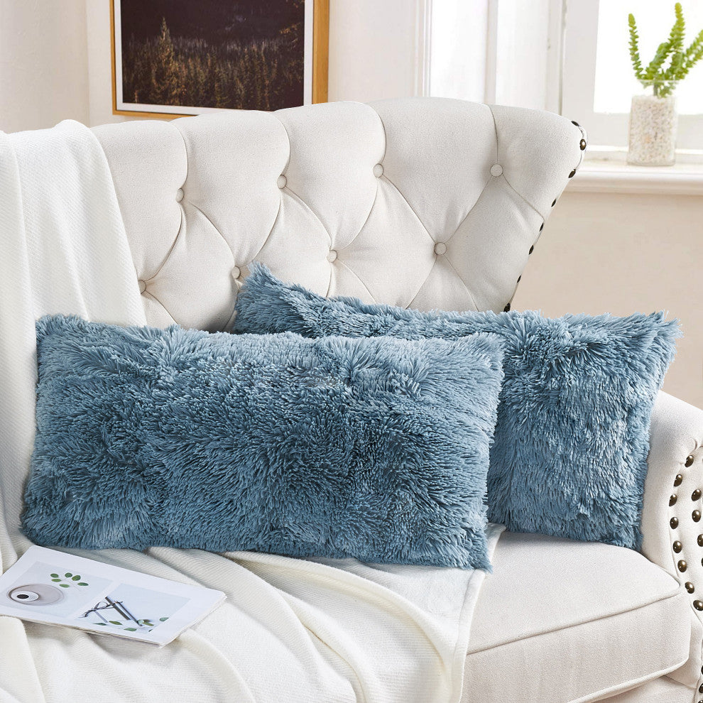 Shaggy Faux Fur Pillow Cover, Silver Blue, Set of 2, 14"x26"