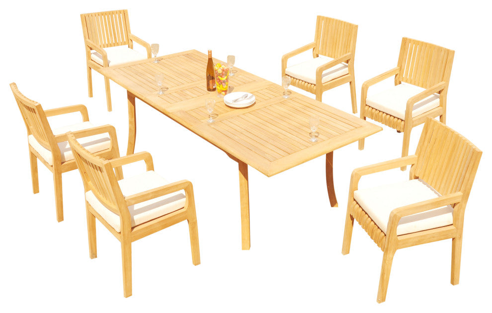 7-Piece Outdoor Teak Dining Set: 94" Rectangle Extn Table, 6 Maldives Arm Chairs
