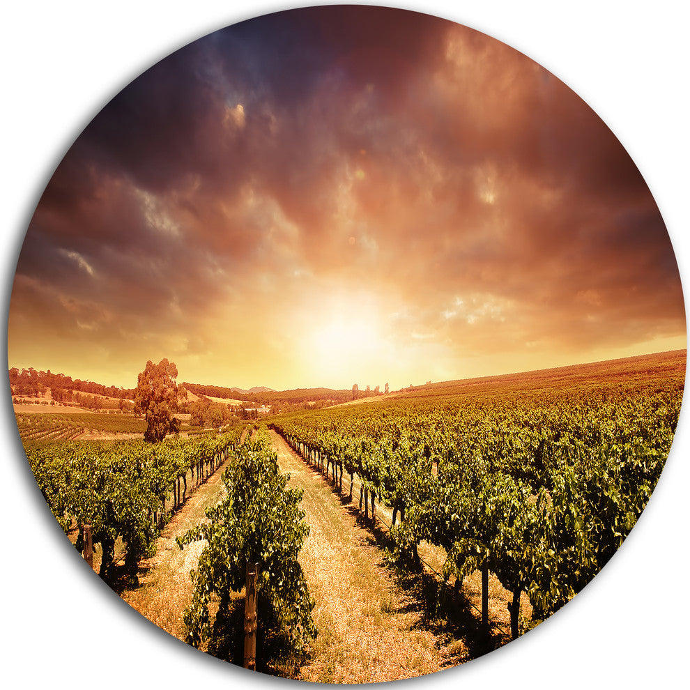 Vineyard With Stormy Sunset, Round Wall Art Landscape, 23"