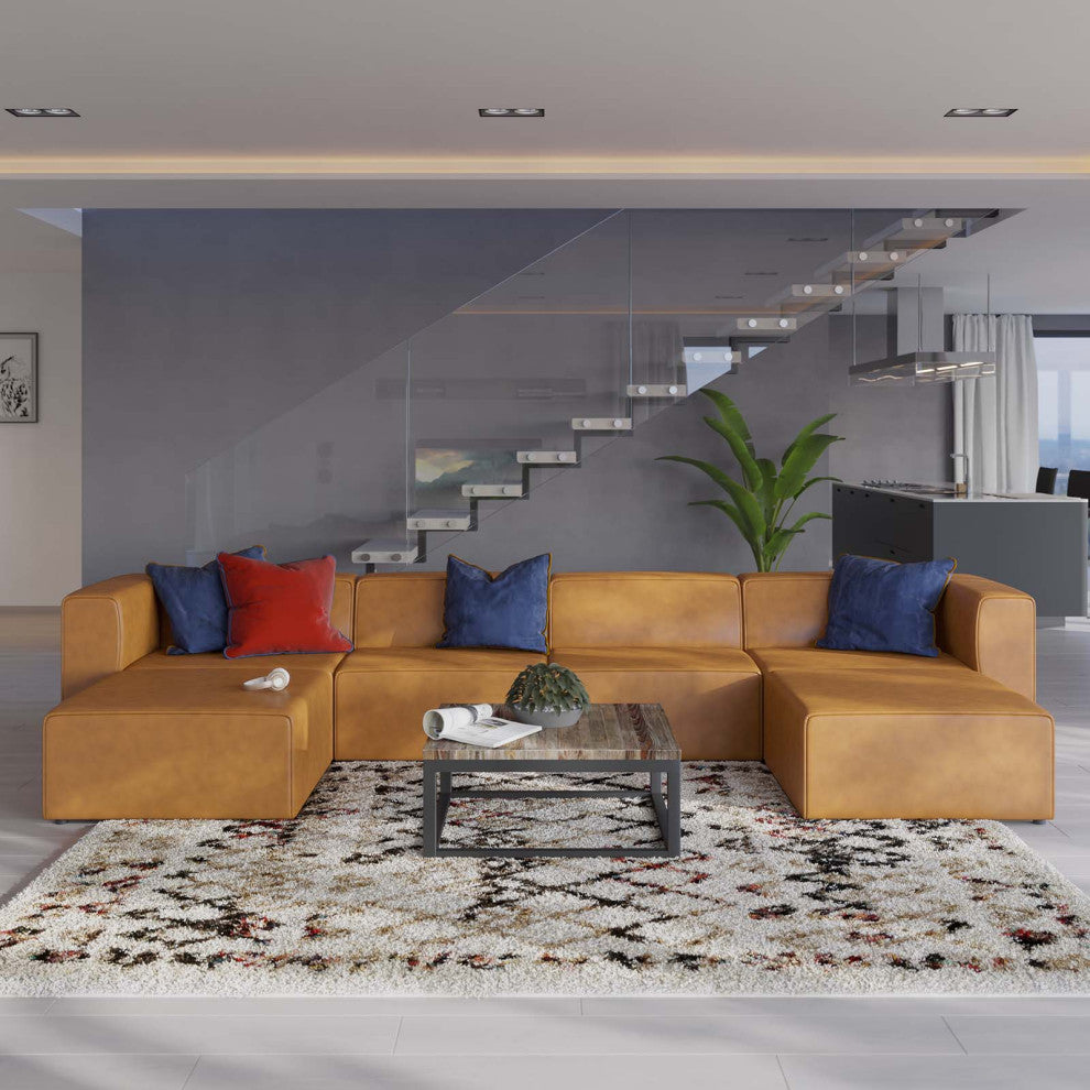 Sectional Sofa Set, Faux Vegan Leather, Tan, Modern, Living Lounge Hospitality