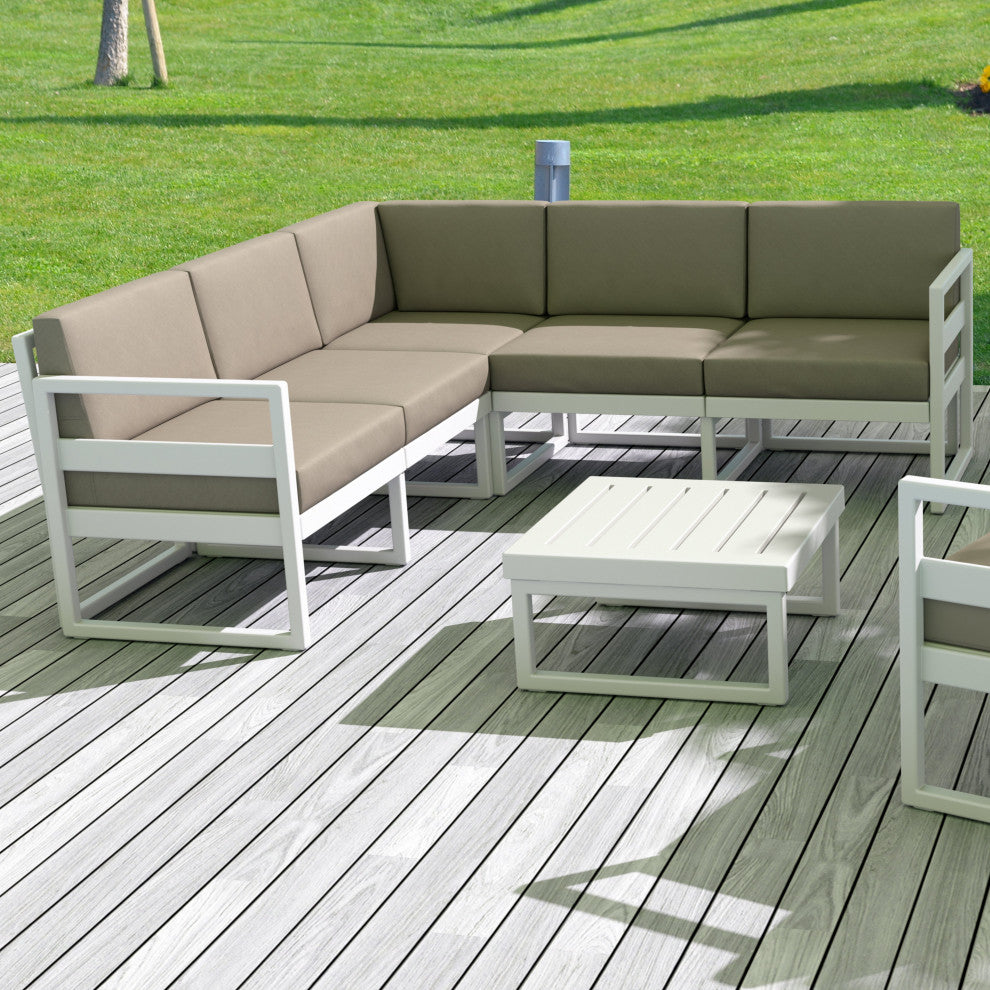 Mykonos Corner 5-Person Sectional Set White, Acrylic Fabric Taupe Cushion