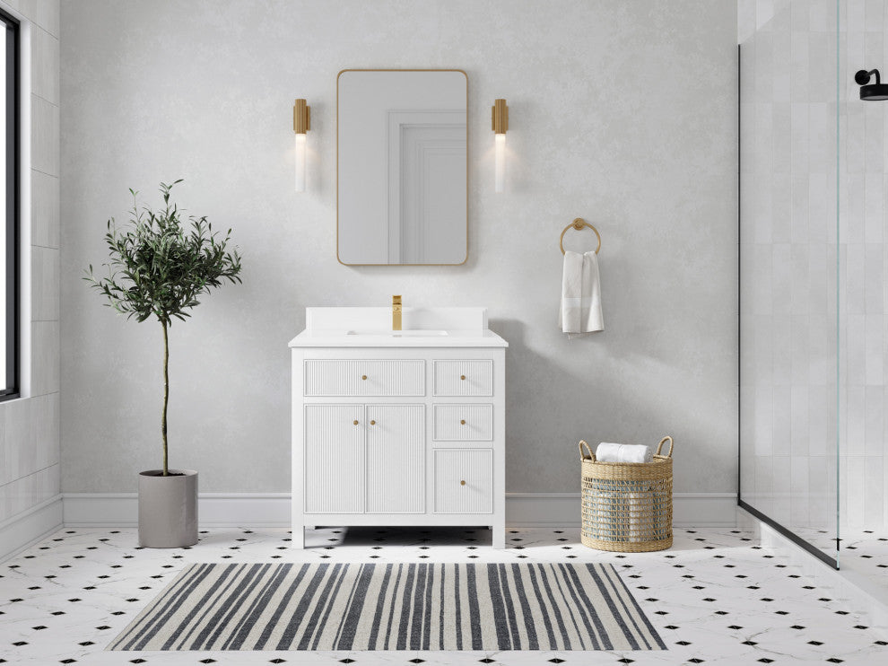 Sonoma 36 Center Sink Reeded Bath Vanity in White 1.5" White Quartz
