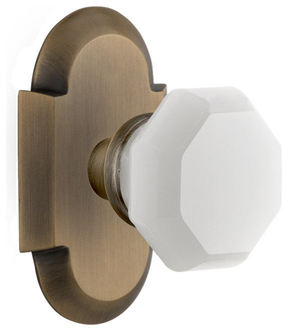 Cottage Plate Passage Waldorf White Milk Glass Knob, Antique Brass