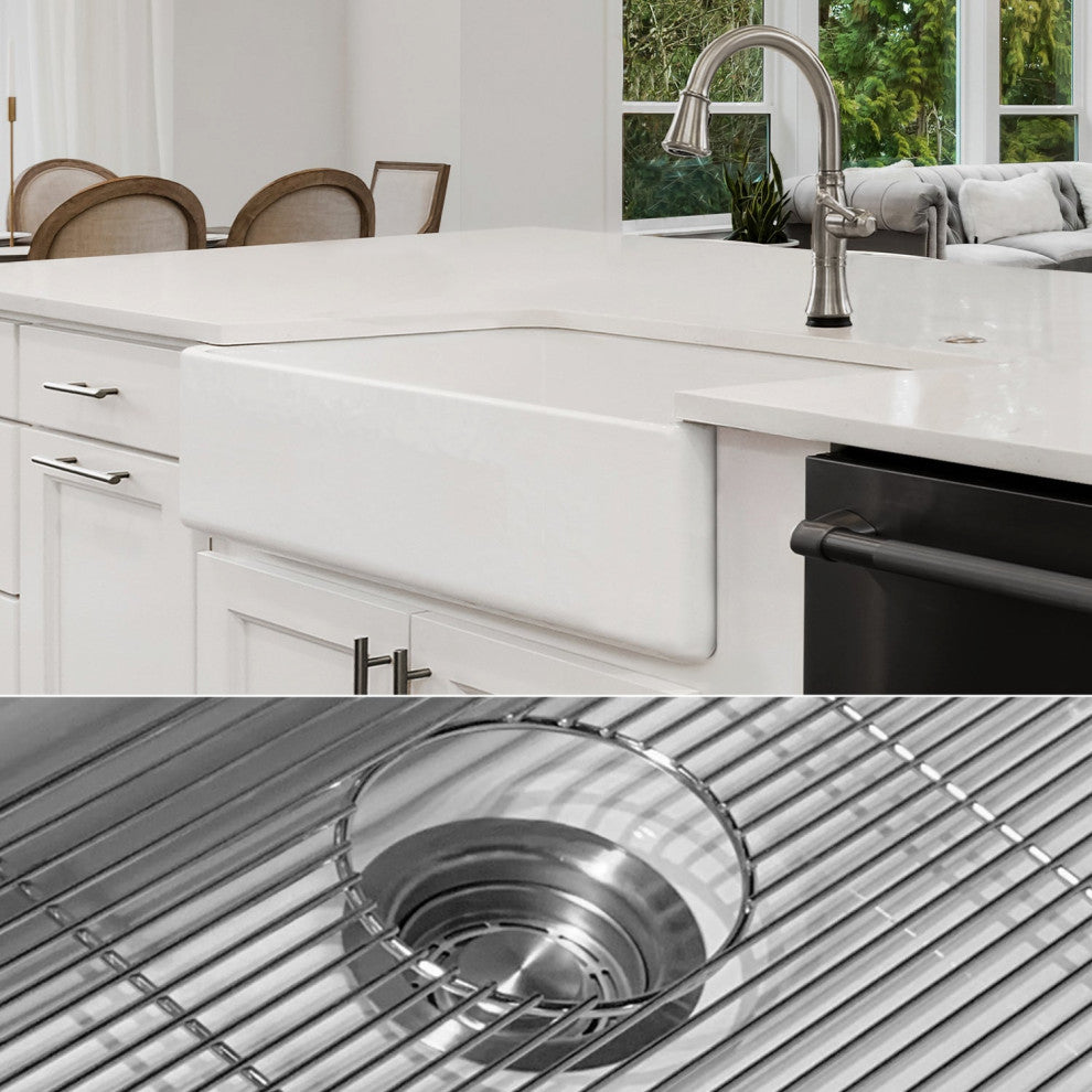 Luxury 36-Inch SOLID Fireclay Farmhouse Sink in White with Accs, Flat Front