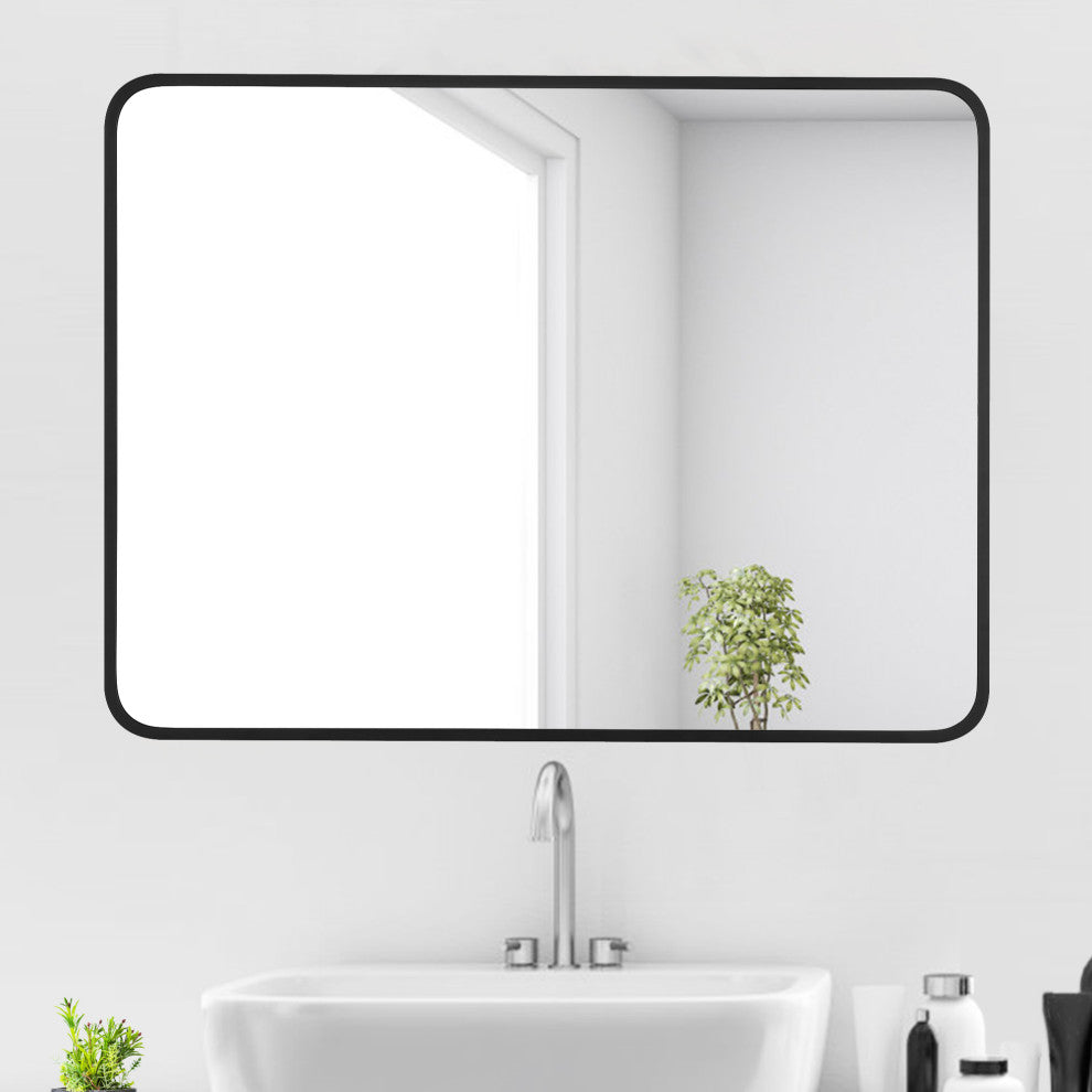 Rounded Rectangular Metal Framed Bathroom Vanity Mirror, 24"x32"