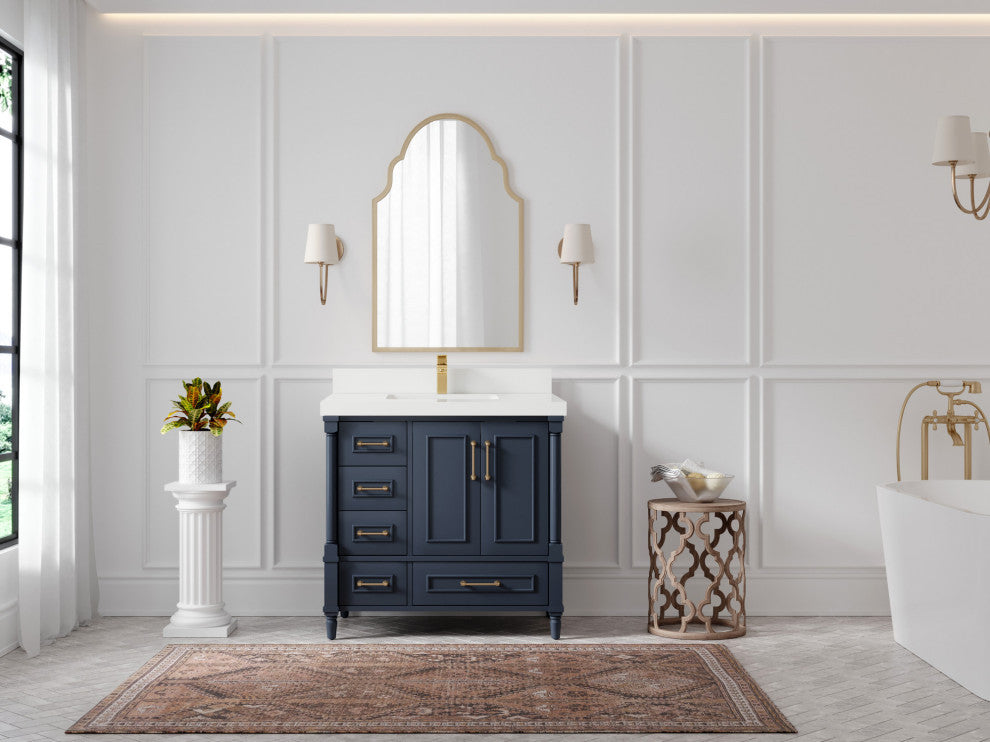 Aberdeen 36 Center Sink Bath Vanity in Hale Navy Blue  2" White Quartz