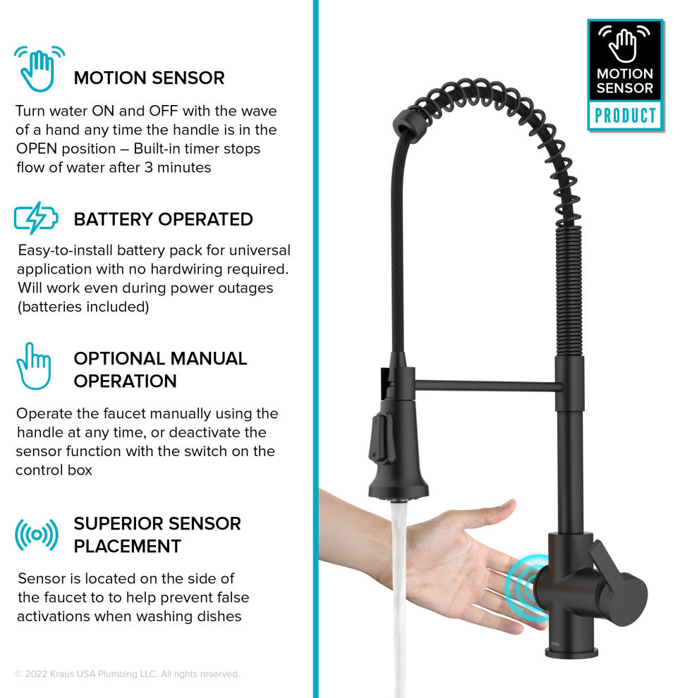 Britt Commercial Style 3-Function Pull-Down 1-Handle 1-Hole Kitchen Faucet, Matte Black (Touchless Ksf-1691mb)