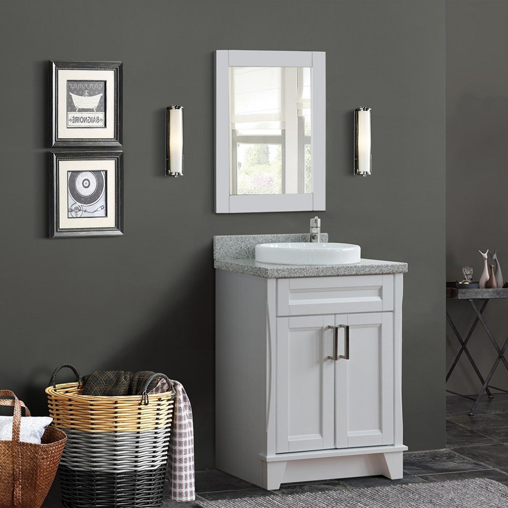 25" Single Sink Vanity, White Finish With Gray Granite And Round Sink