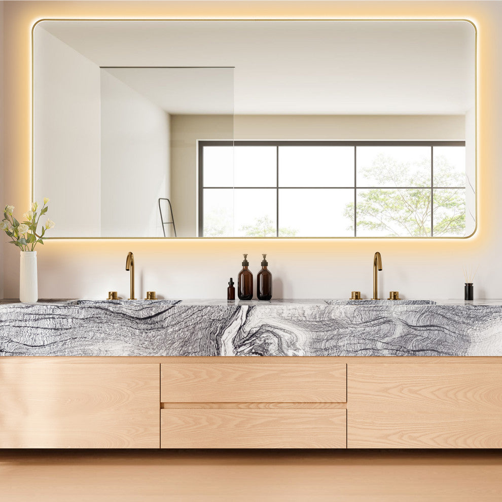 Dazzle Rectangular Bathroom/Vanity LED Lighted Wall Mirror, Brushed Gold, 84"