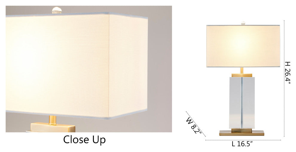 Clear Crystal Column With Gold Metal Frame and White Shade Table Lamp