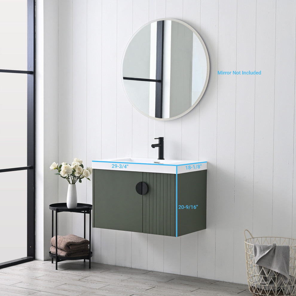 Floating Bathroom Vanity with Sink, Wood Bathroom Vanity Cabinet, Green, 30"