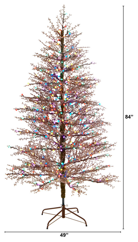 7' Frosted Berry Twig Artificial Christmas Tree With 450 Multicolored LED Lights