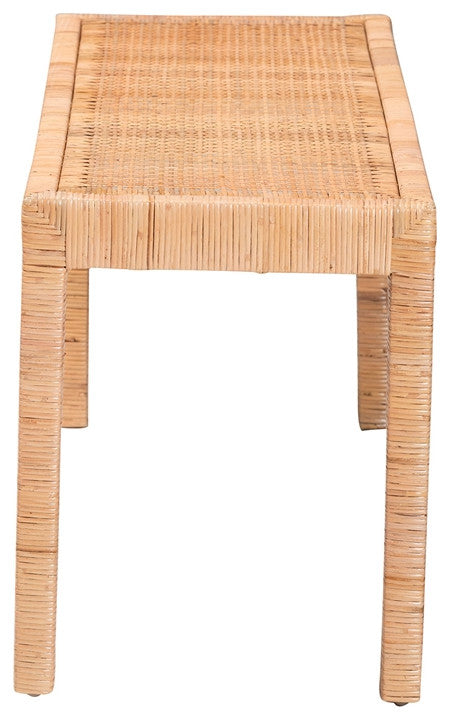 Modern Bohemian Natural Rattan and Mahogany Wood Long Accent Bench