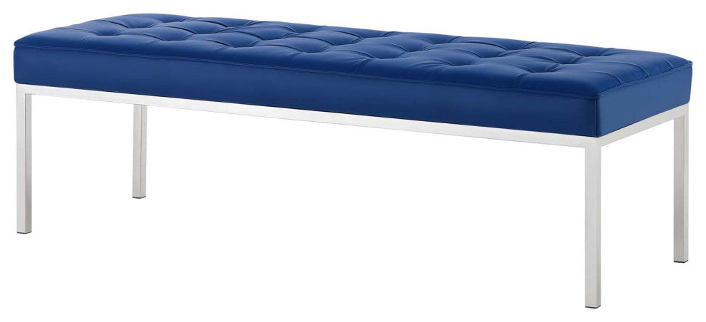 Modern Accent Chair Bench, Faux Vinyl Leather Metal Steel, Grey Gray Silver, Navy