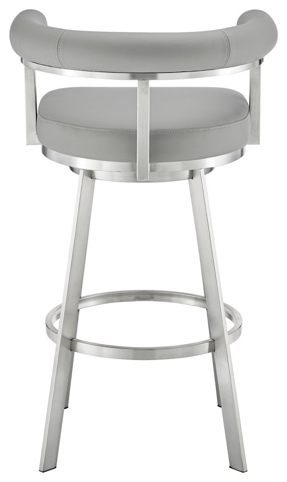 Nolagam Swivel Bar Stool, Brushed Stainless Steel With Light Gray Faux Leather