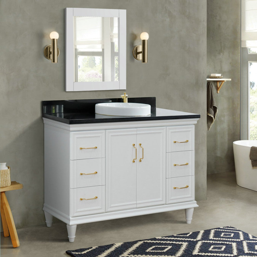 49" Single Sink Vanity, White Finish With Black Galaxy Granite and Round Sink