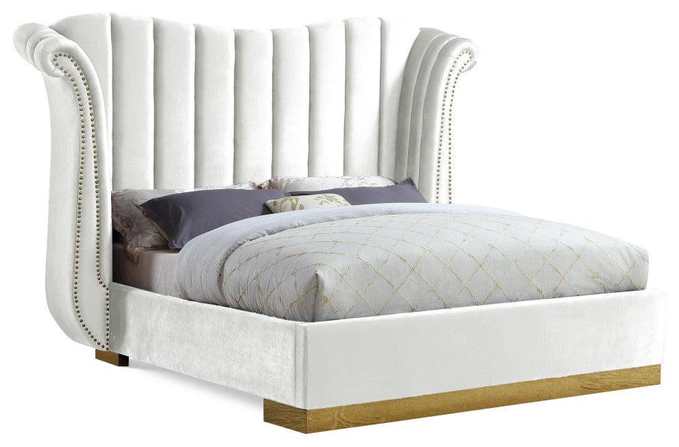 Flora Black Velvet Bed, White, Queen