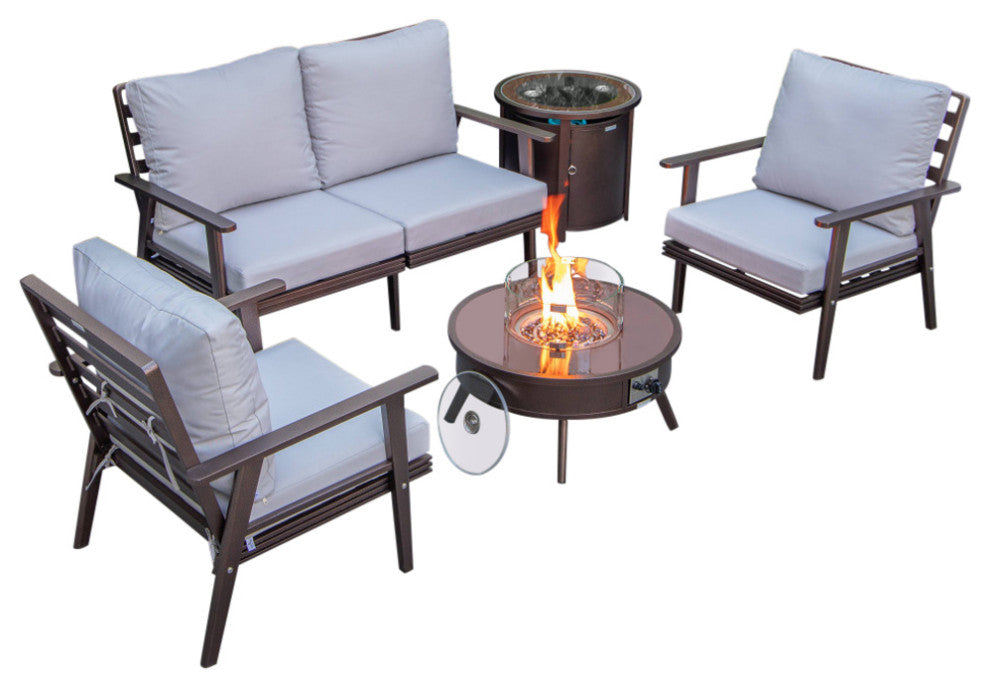 LeisureMod Walbrooke Brown Patio Sofa Set With Round Fire Pit Table, Light Grey