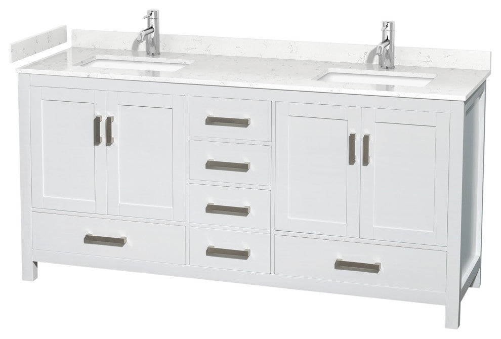 72" Double Bath Vanity, White, Carrara Cultured Marble Countertop, Sinks