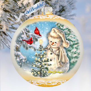Glowing Snowman Lg Glass Ornament, Gold