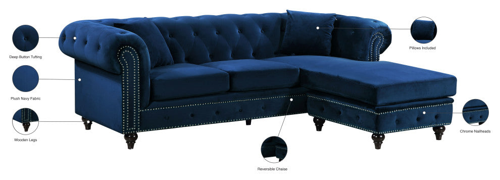 Sabrina Velvet 2-Piece Reversible Sectional, Navy