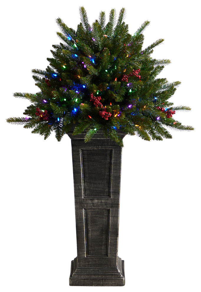 4' Holiday Faux Xmas Plant Pre-Lit &Glittered on Pedestal W/ Multicolor Lights