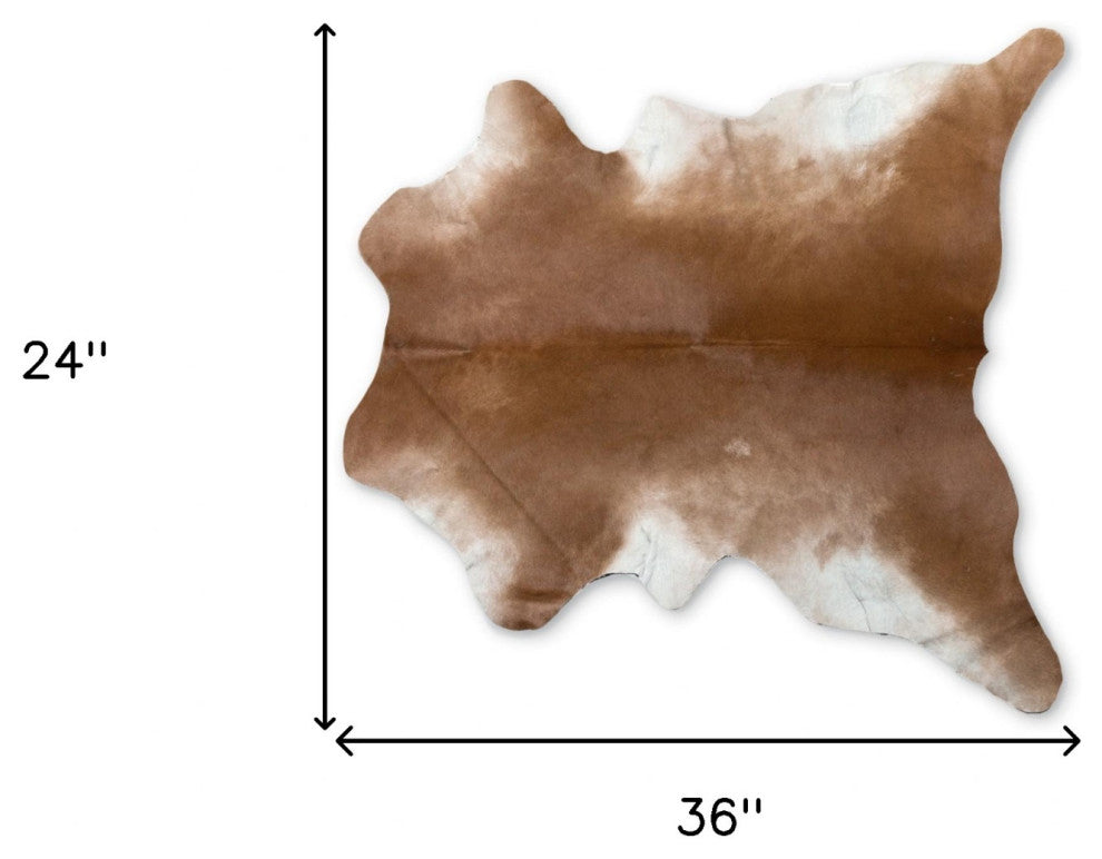 2' X 3' Brown and White Cowhide Hand Woven Area Rug, Tan
