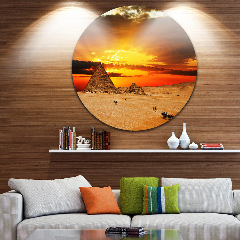 Camel Caravan At Sunset, Landscape Photo Large Disc Metal Wall Art, 23"