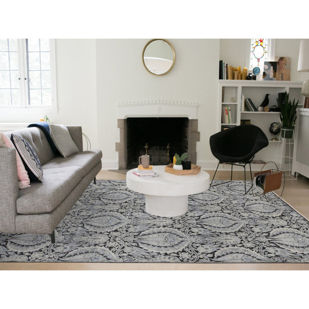 Goose Gray Pure Silk With Wool Tulip Flower Design Hand Knotted Rug 9'x12'2"