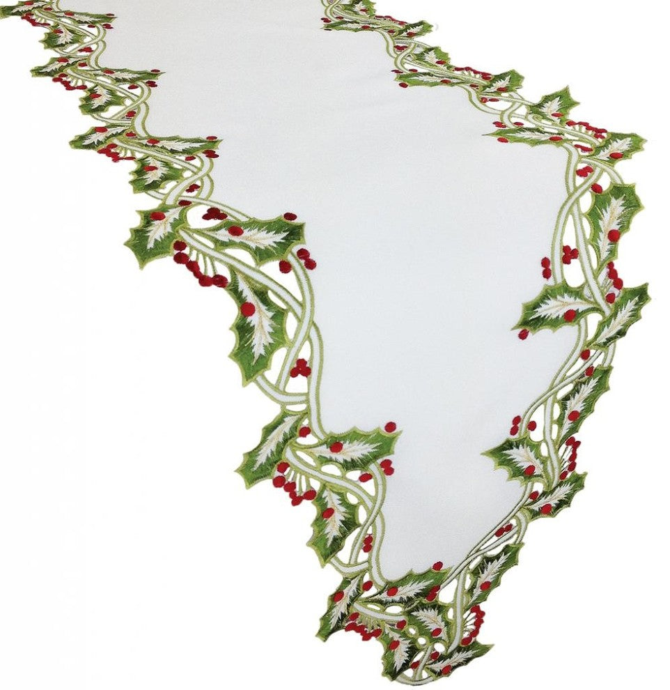 Holiday Holly Embroidered Cutwork Table Runner, White, 15x72