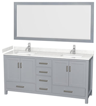 72"DBL Bathroom Vanity Gray, Carrara Cult. Marble Countertop, Sinks, 70" Mirror