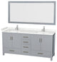 72"DBL Bathroom Vanity Gray, Carrara Cult. Marble Countertop, Sinks, 70" Mirror